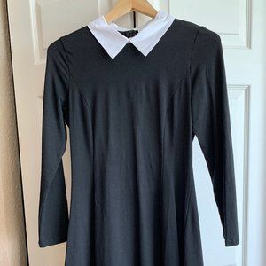 Long-sleeve Black Dress with White Shirt Collar